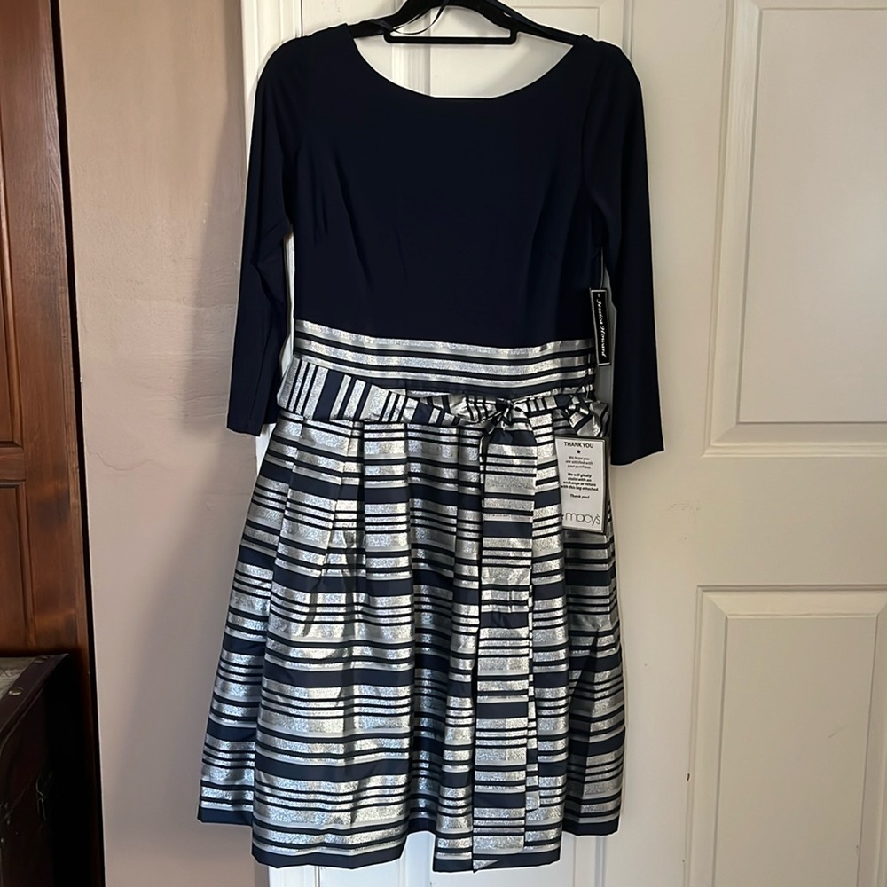 NWT Jessica Howard Fit & Flare Dress Navy & Silver 10